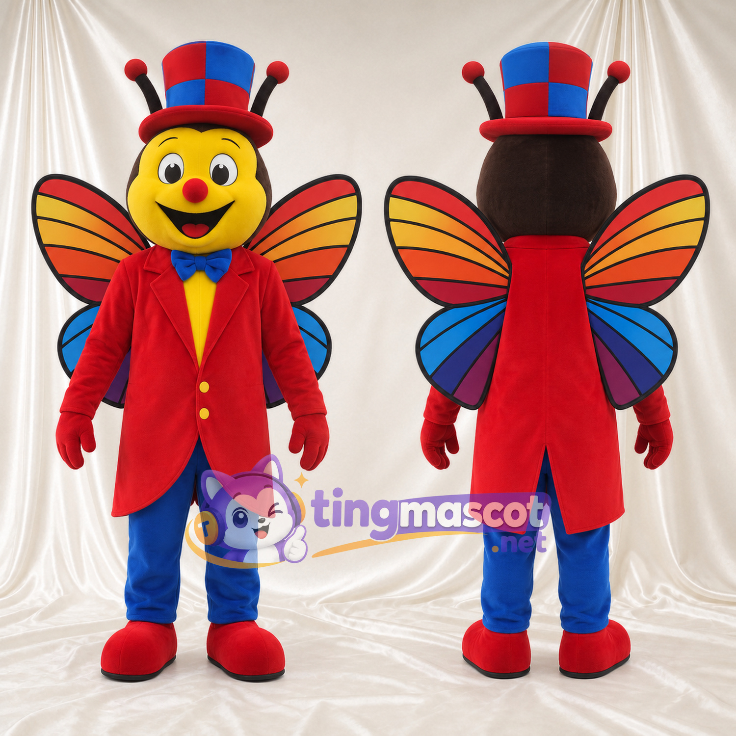 Butterfly Ringmaster Mascot Costume - Red Tailcoat and Colorful Top Hat Butterfly Ringmaster Mascot Costume - Red Tailcoat and Colorful Top Hat