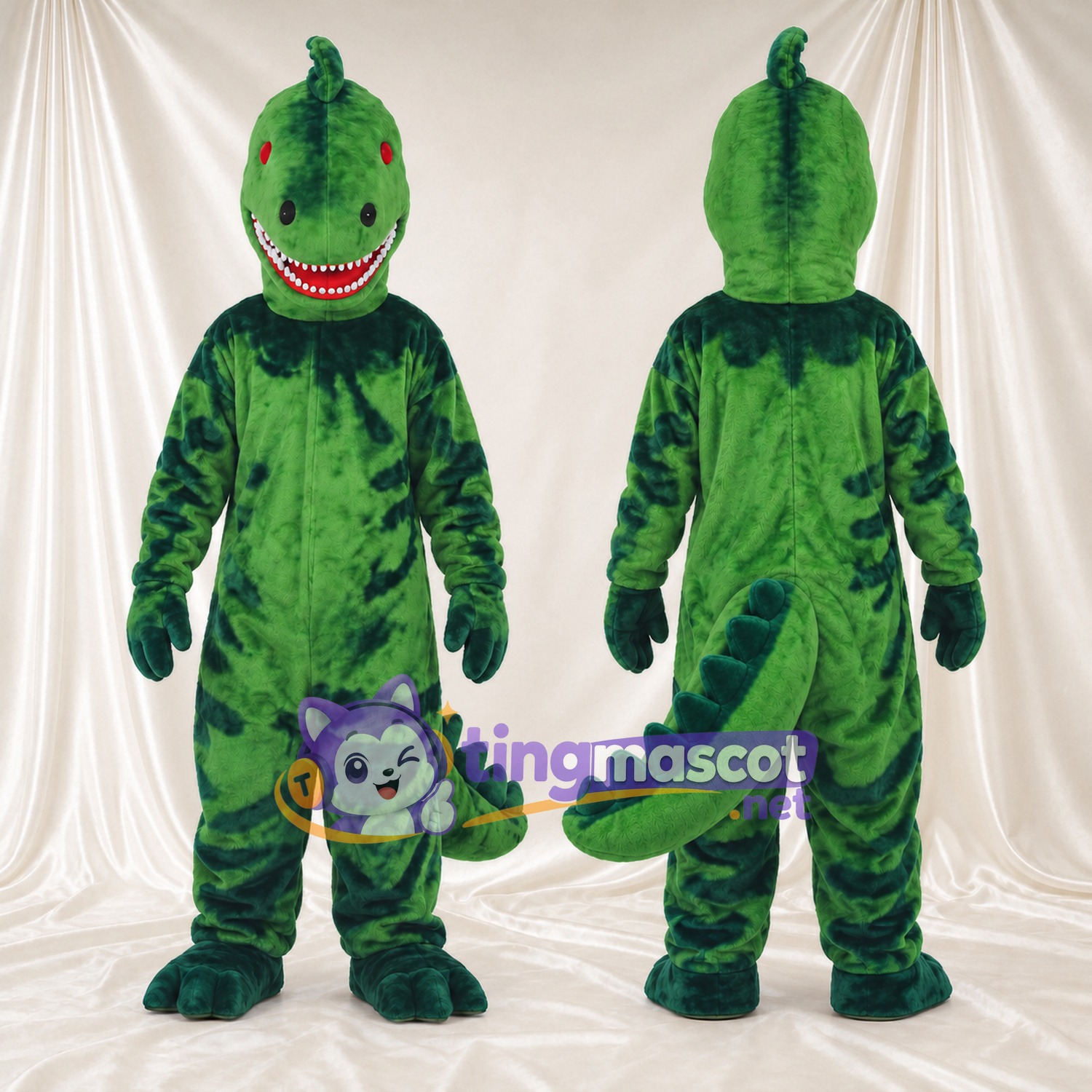 Costume de mascotte Dinosaure – vert – Rayures (moucheté); Sourire avec dents Costume de mascotte Dinosaure – vert – Rayures (moucheté); Sourire avec dents