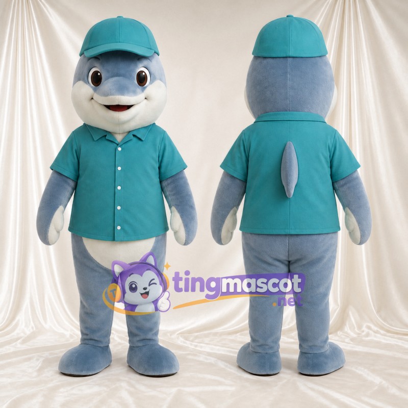 Maskottchenkostüm Delfin – grau – Hemd (petrol); Kappe