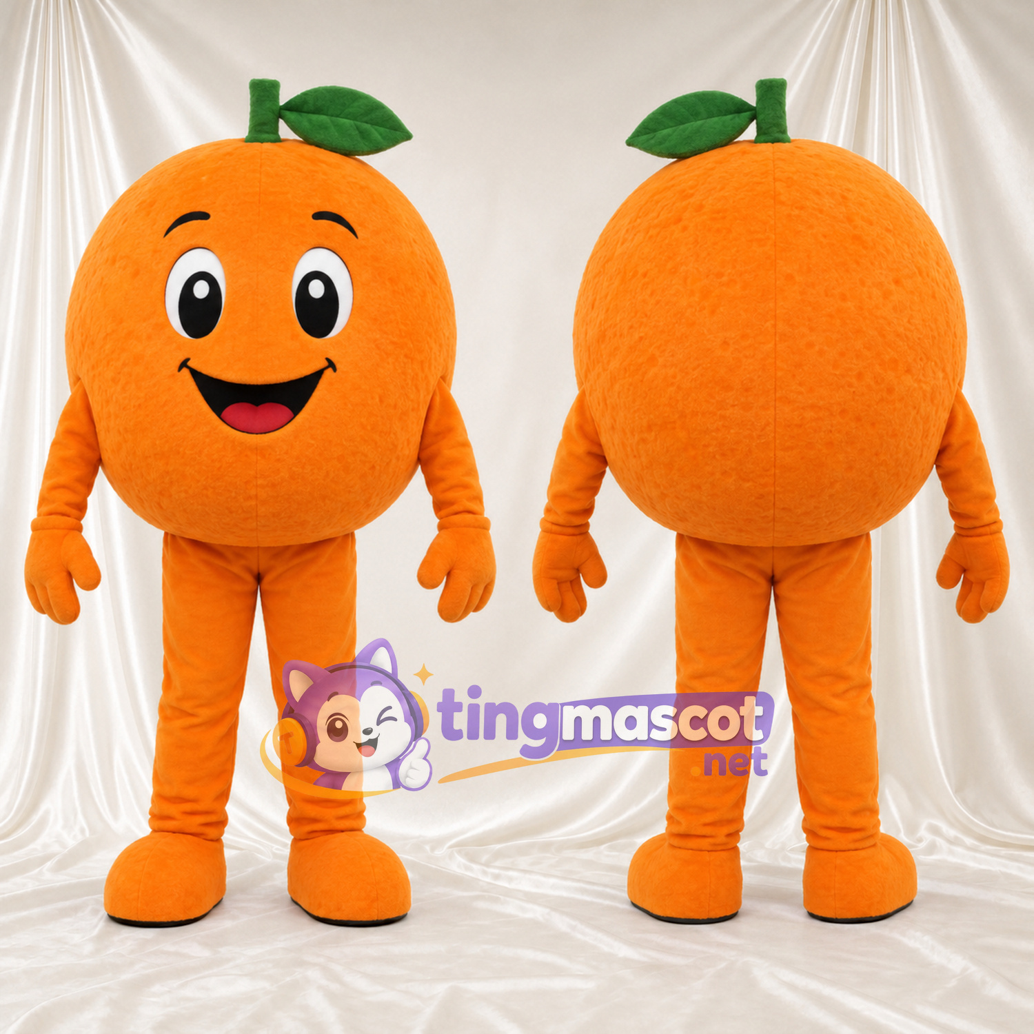 Orange Fruit Mascot Costume - Green Leaf and Smiling Face Orange Fruit Mascot Costume - Green Leaf and Smiling Face