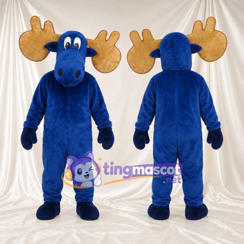 Blue Moose Mascot Costume - Large Tan Antlers and Blue Muzzle