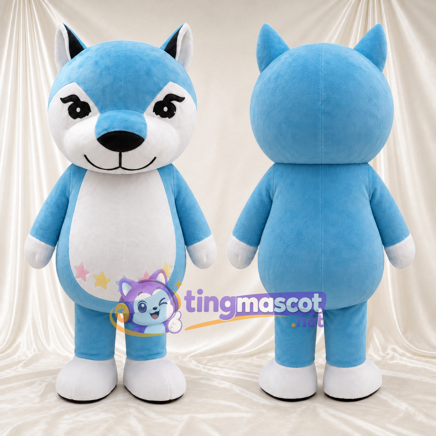 Costume de mascotte Loup – bleu – Étoile (pastel); Ventre; Pattes (blanc) Costume de mascotte Loup – bleu – Étoile (pastel); Ventre; Pattes (blanc)