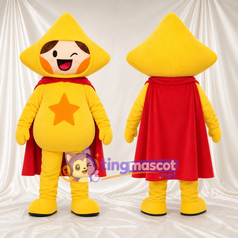 Gelbes Stern-Superheld-Maskottchenkostüm – roter Umhang und orangefarbener Bruststern