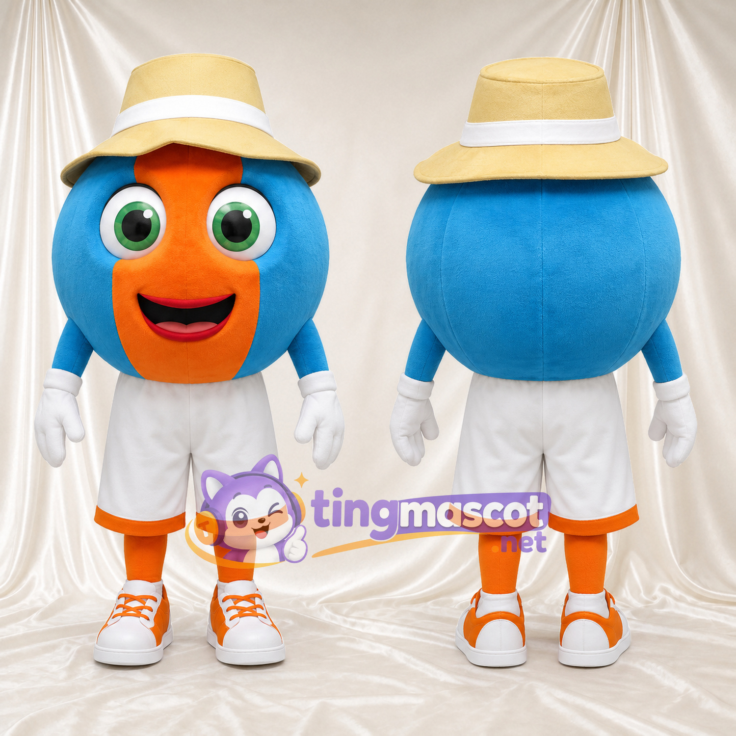 Costume de mascotte Personnage rond – bleu / orange – Chapeau; Short (blanc) Costume de mascotte Personnage rond – bleu / orange – Chapeau; Short (blanc)