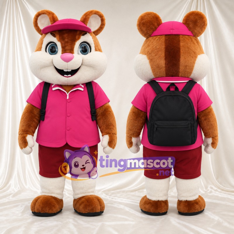 Brown Chipmunk Mascot Costume - Pink Polo Shirt and Red Shorts