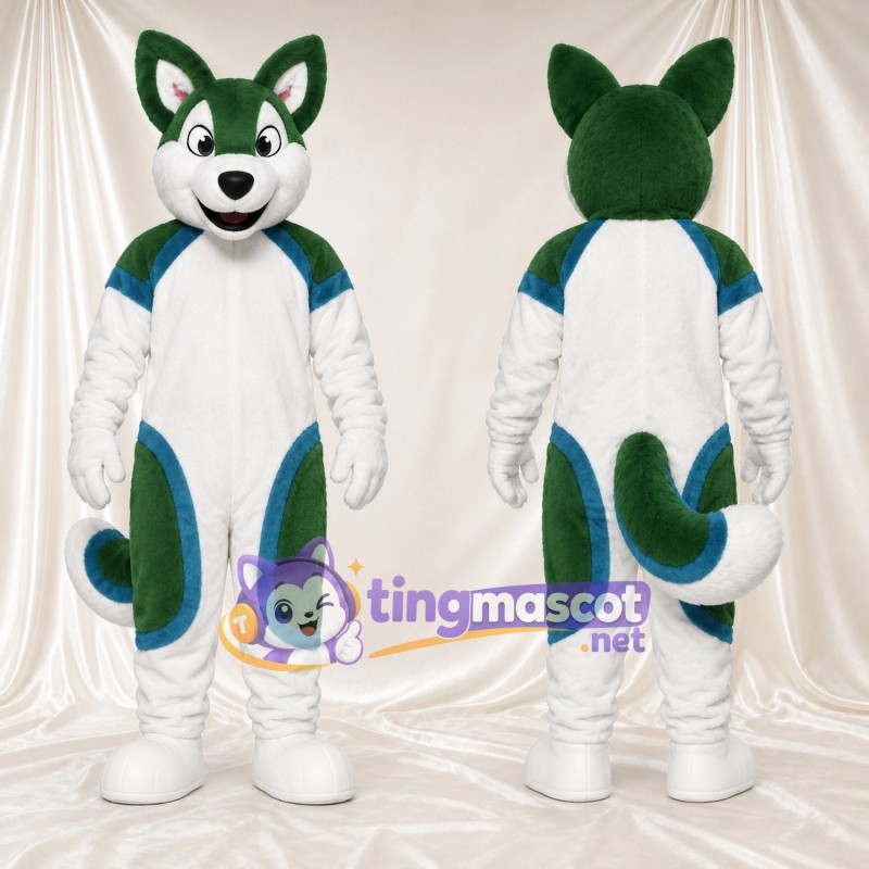 Costume de mascotte Loup – vert / blanc – Touches de couleur (bleu)