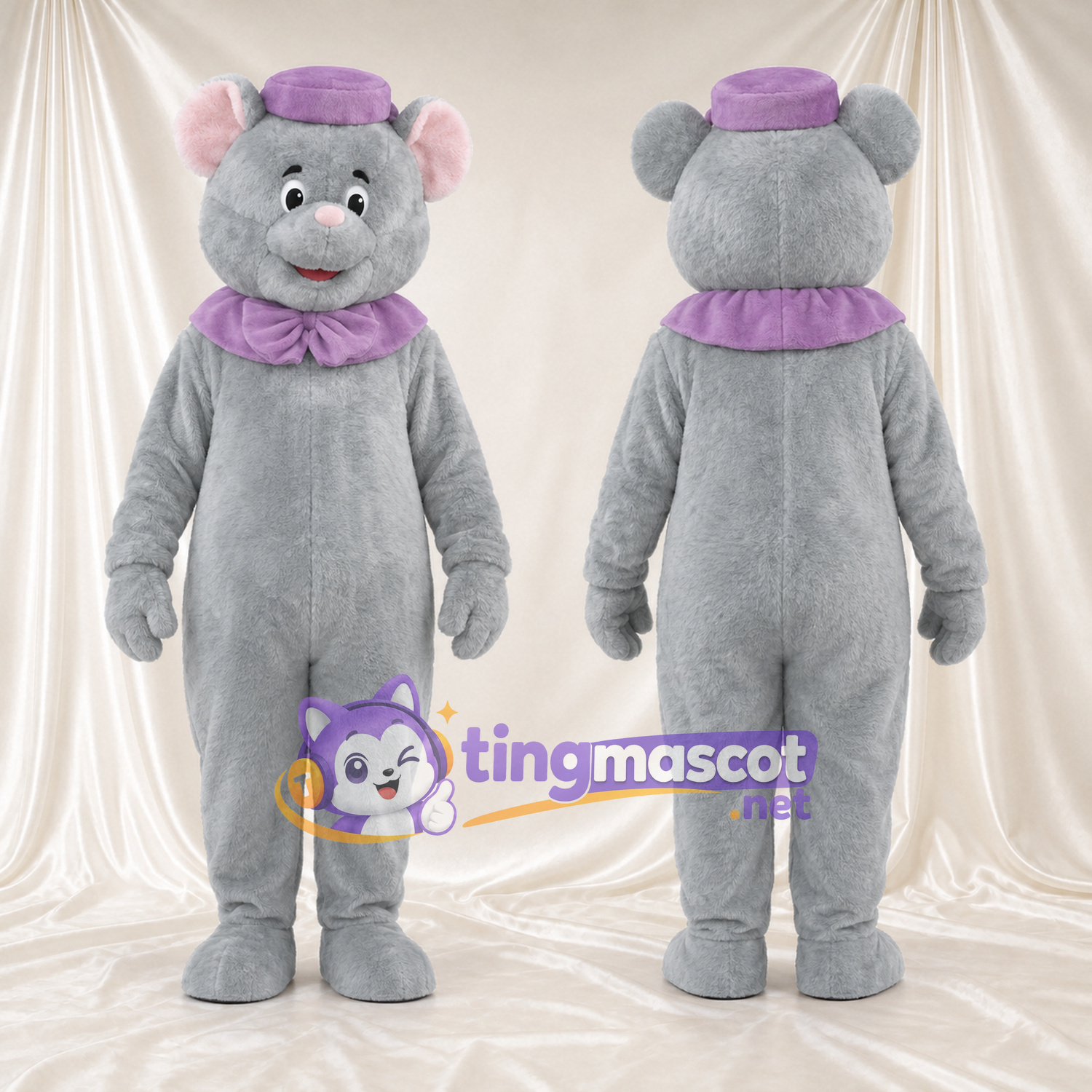 Costume de mascotte Souris – gris – Chapeau (violet); Col à volants Costume de mascotte Souris – gris – Chapeau (violet); Col à volants