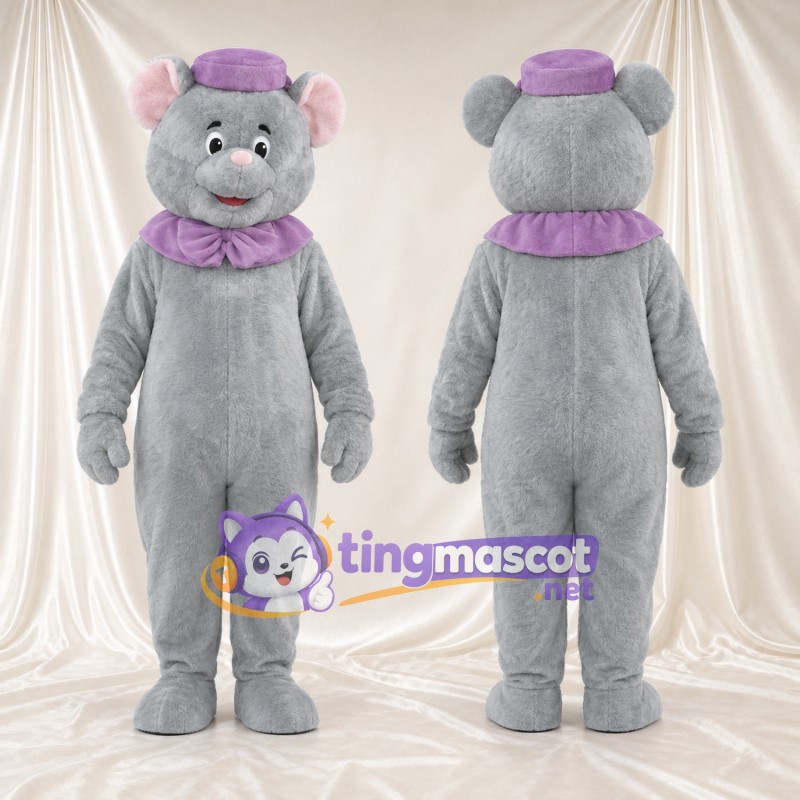 Costume de mascotte Souris – gris – Chapeau (violet); Col à volants