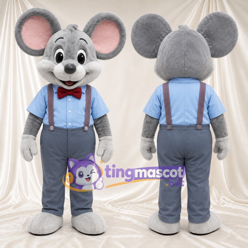 Costume de mascotte Souris – gris – Chemise (bleu); Nœud papillon (bordeaux)