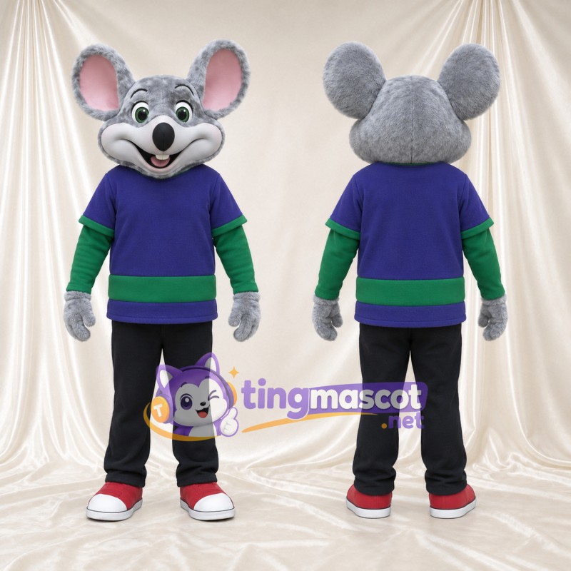 Costume de mascotte Souris – gris – Chemise (violet, vert); Pantalon (noir)