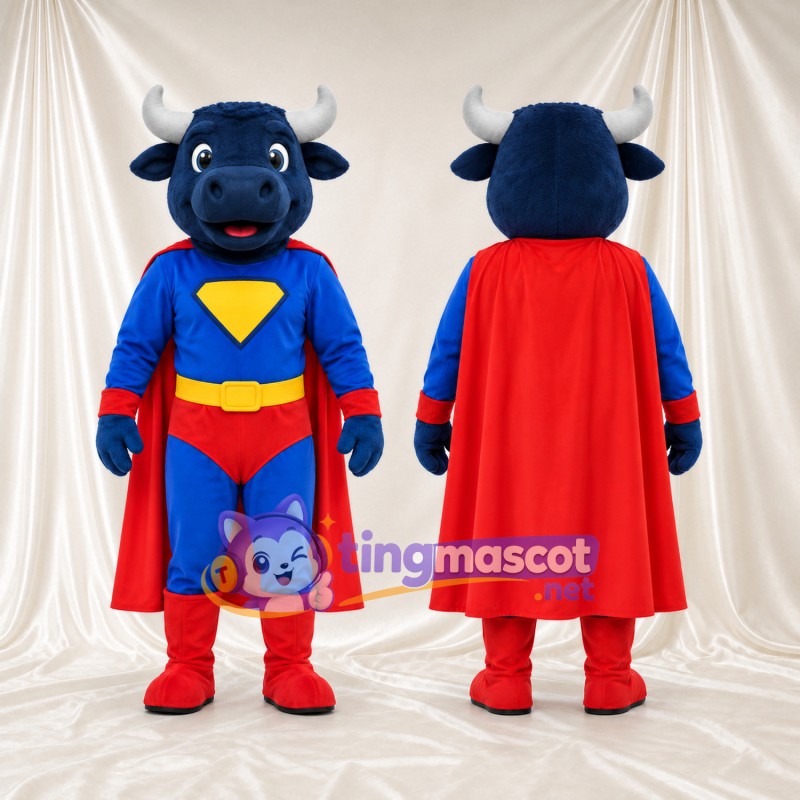 Costume de mascotte Taureau super-héros – bleu – Cape (rouge); Torse (jaune)