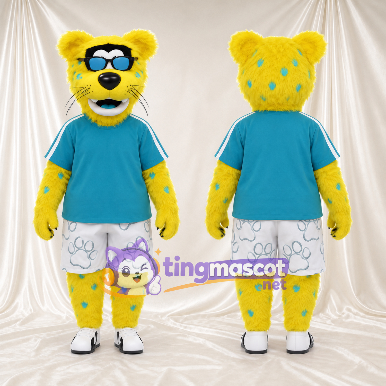 Costume de mascotte Léopard – jaune – Chemise (bleu canard); Short (blanc) Costume de mascotte Léopard – jaune – Chemise (bleu canard); Short (blanc)