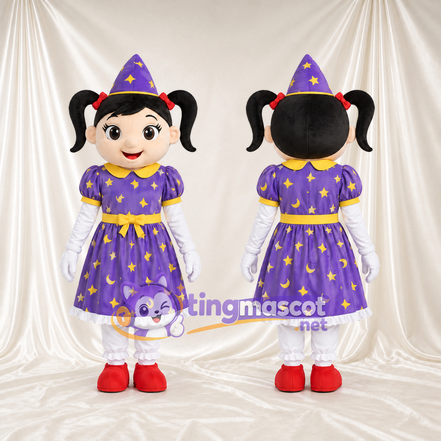 Costume de mascotte Magicien – selon la photo – Étoile (violet); Robe; Chapeau (pointu) Costume de mascotte Magicien – selon la photo – Étoile (violet); Robe; Chapeau (pointu)