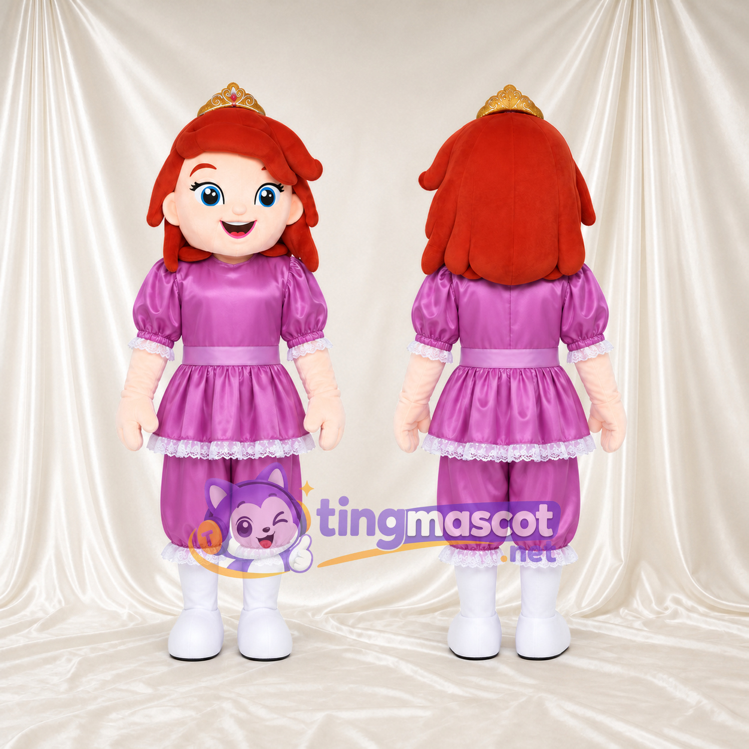 Princess Character Mascot Costume - Purple Outfit and Gold Crown Princess Character Mascot Costume - Purple Outfit and Gold Crown