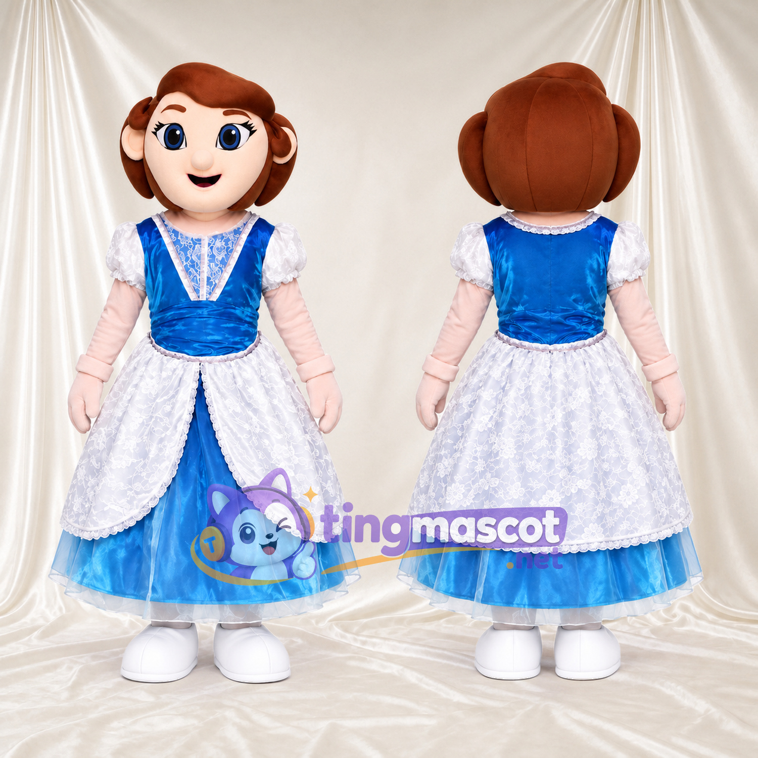 Princess Character Mascot Costume - Blue Dress and White Lace Overlay Princess Character Mascot Costume - Blue Dress and White Lace Overlay