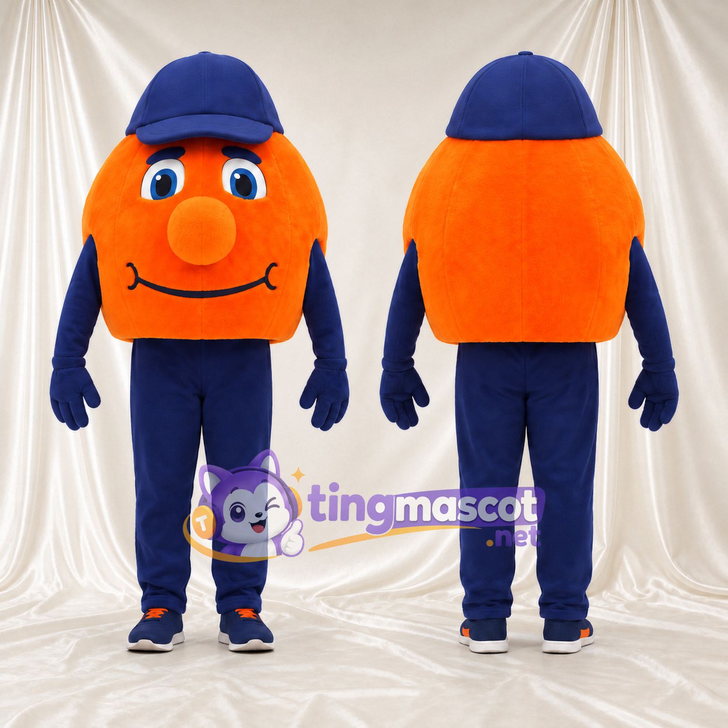 Costume de mascotte Personnage rond – orange – Casquette (bleu marine); Pantalon (bleu)