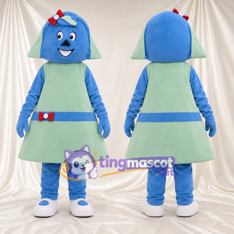 Blue Girl Character Mascot Costume - Mint Dress and Red Head Bow