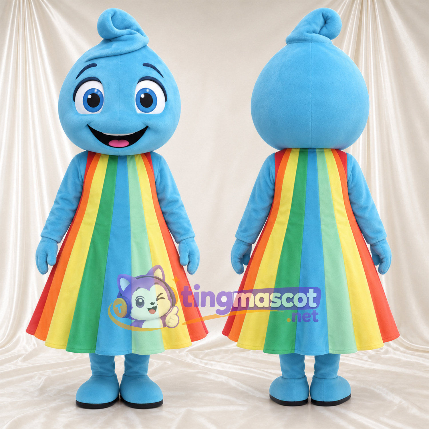 Blue Girl Character Mascot Costume - Rainbow Dress and Curled Forelock Blue Girl Character Mascot Costume - Rainbow Dress and Curled Forelock