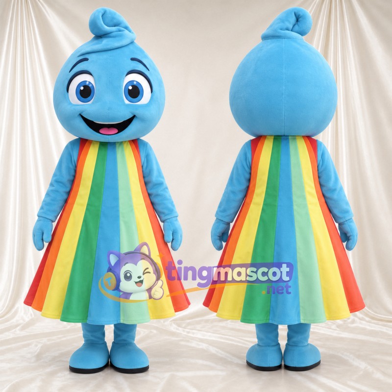 Blue Girl Character Mascot Costume - Rainbow Dress and Curled Forelock