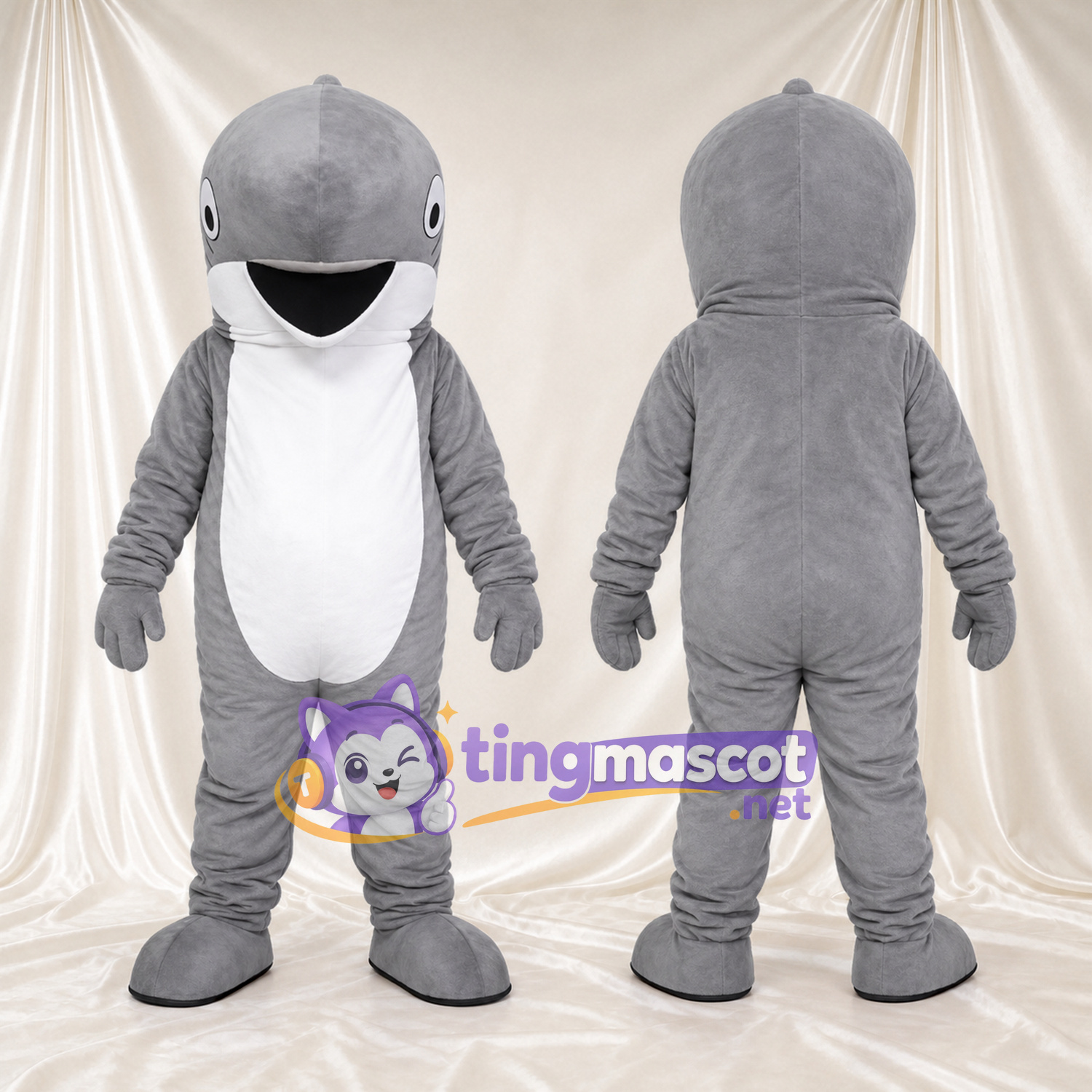 Costume de mascotte Créature marine – gris – Ventre (blanc); Sourire (large) Costume de mascotte Créature marine – gris – Ventre (blanc); Sourire (large)