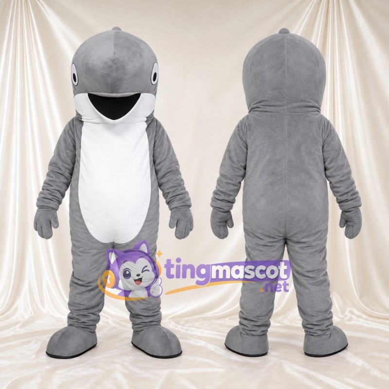 Costume de mascotte Créature marine – gris – Ventre (blanc); Sourire (large)