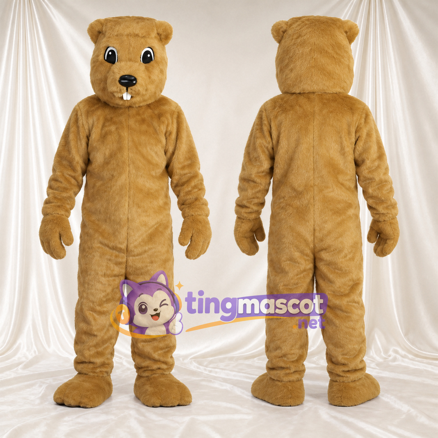 Costume de mascotte Castor – doré – Devant (petit); Dents; Oreilles arrondies Costume de mascotte Castor – doré – Devant (petit); Dents; Oreilles arrondies