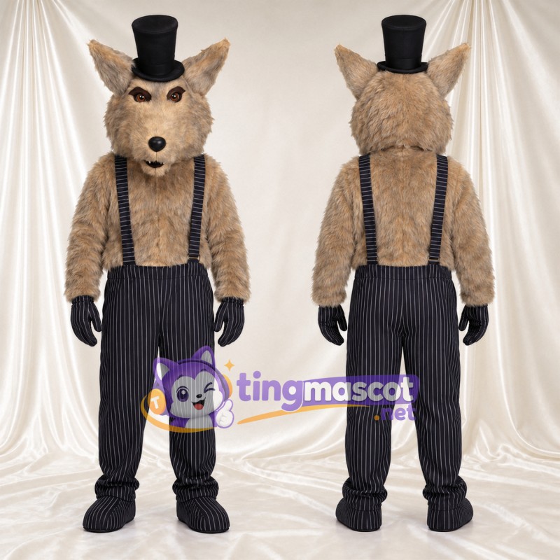 Costume de mascotte Loup – brun clair – Haut-de-forme (noir); Pantalon