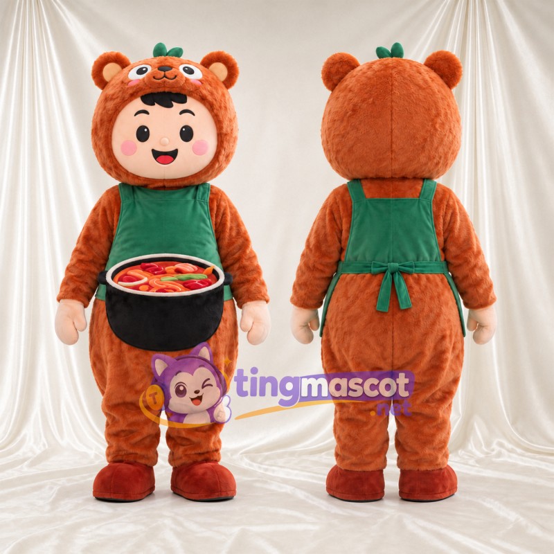 Bear-Hooded Character Mascot Costume - Green Apron and Cooking Pot