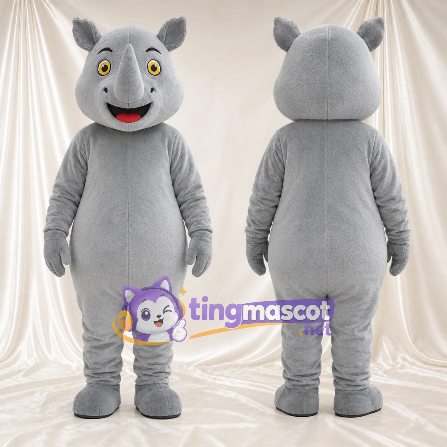 Costume de mascotte Rhinocéros – gris – Corne (petit); Yeux (jaune) Costume de mascotte Rhinocéros – gris – Corne (petit); Yeux (jaune)
