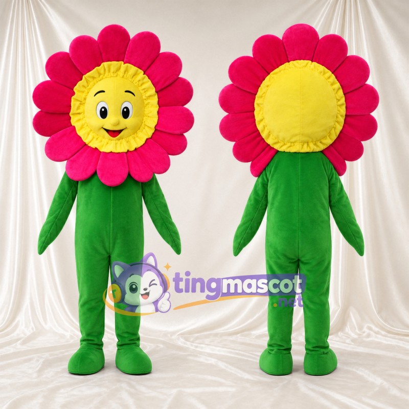 Costume de mascotte Fleur – rose – Visage souriant (jaune); Corps (vert)