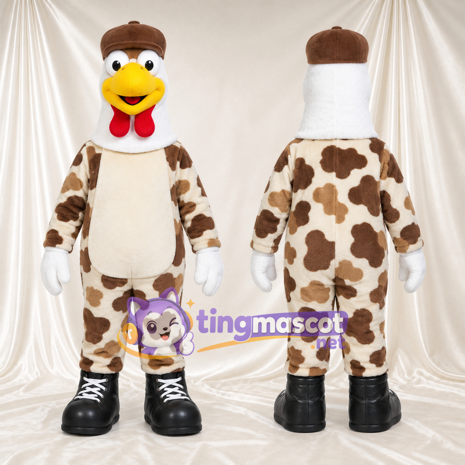 Chicken Character Mascot Costume - Brown Spotted Outfit and Cap Chicken Character Mascot Costume - Brown Spotted Outfit and Cap