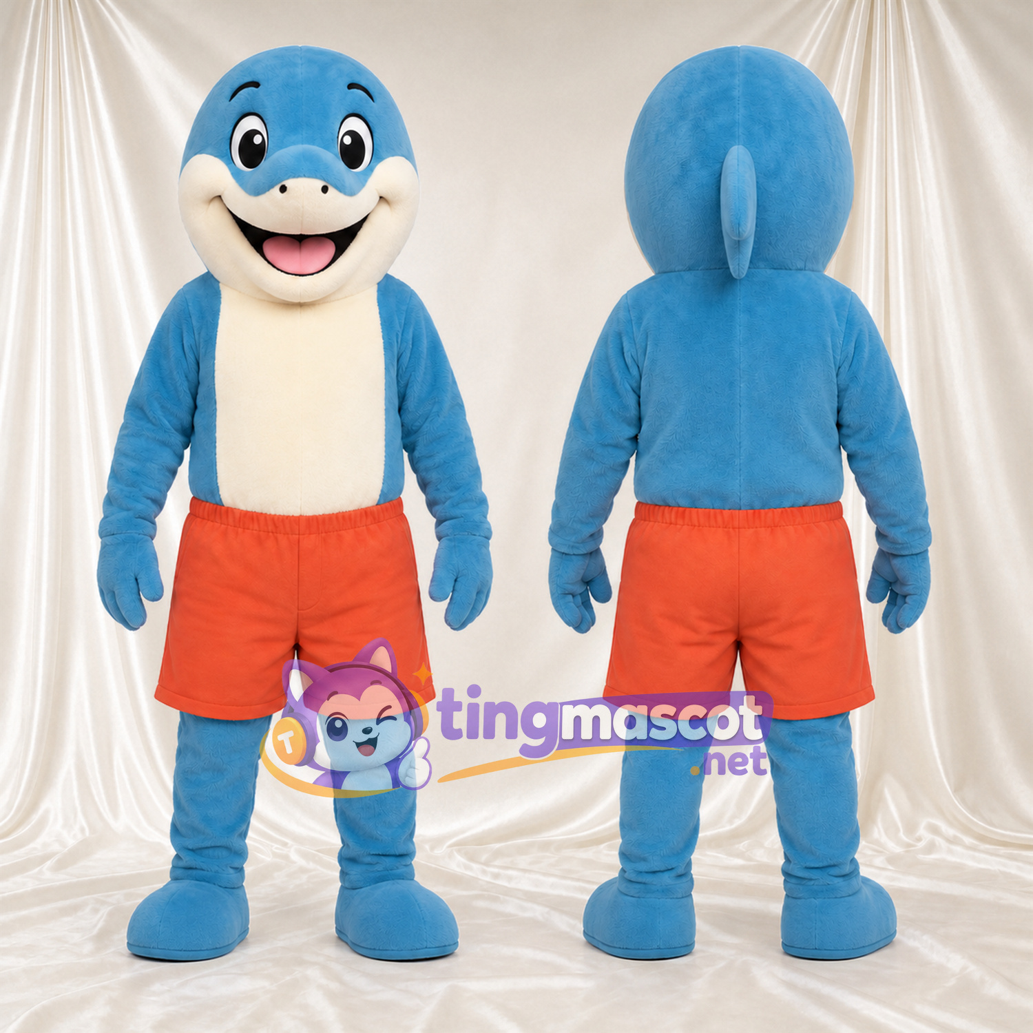 Maskottchenkostüm Delfin – blau – Bauch (creme); Shorts (orange) Maskottchenkostüm Delfin – blau – Bauch (creme); Shorts (orange)