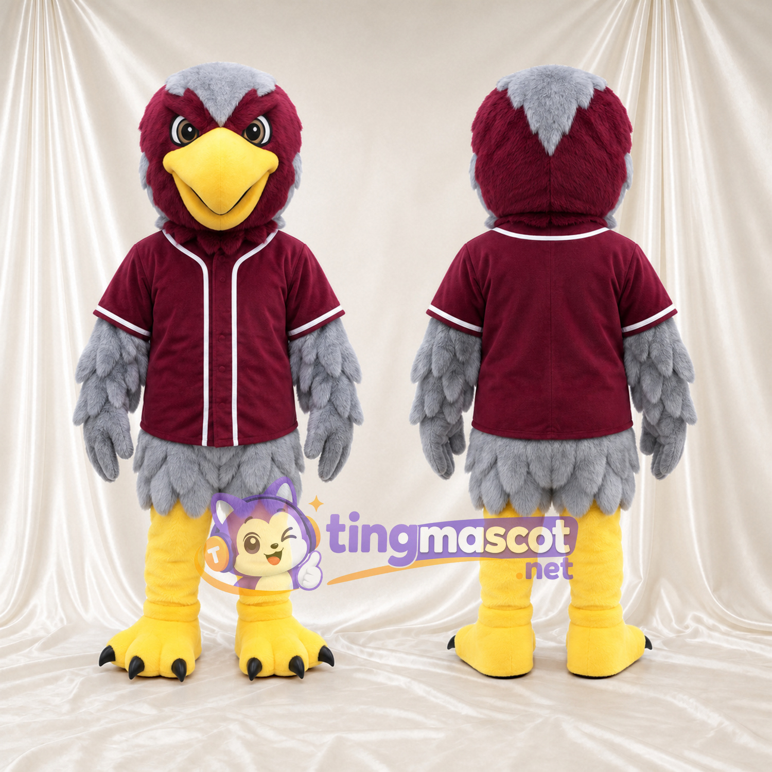 Costume de mascotte Aigle – gris – Chemise (bordeaux); Jambes (jaune) Costume de mascotte Aigle – gris – Chemise (bordeaux); Jambes (jaune)