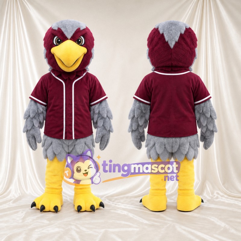 Costume de mascotte Aigle – gris – Chemise (bordeaux); Jambes (jaune)