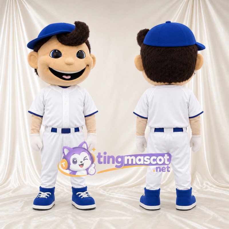 Baseball Boy Mascot Costume - White Uniform and Blue Cap