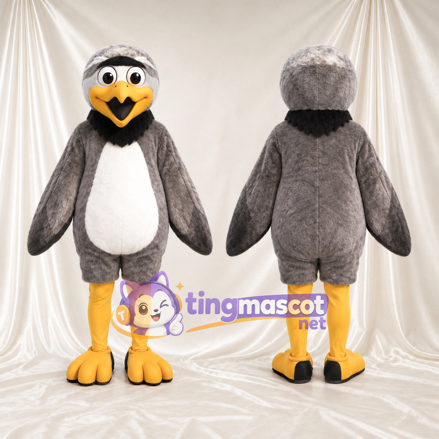 Costume de mascotte Aigle – gris – Ventre (blanc); Jambes (jaune) Costume de mascotte Aigle – gris – Ventre (blanc); Jambes (jaune)