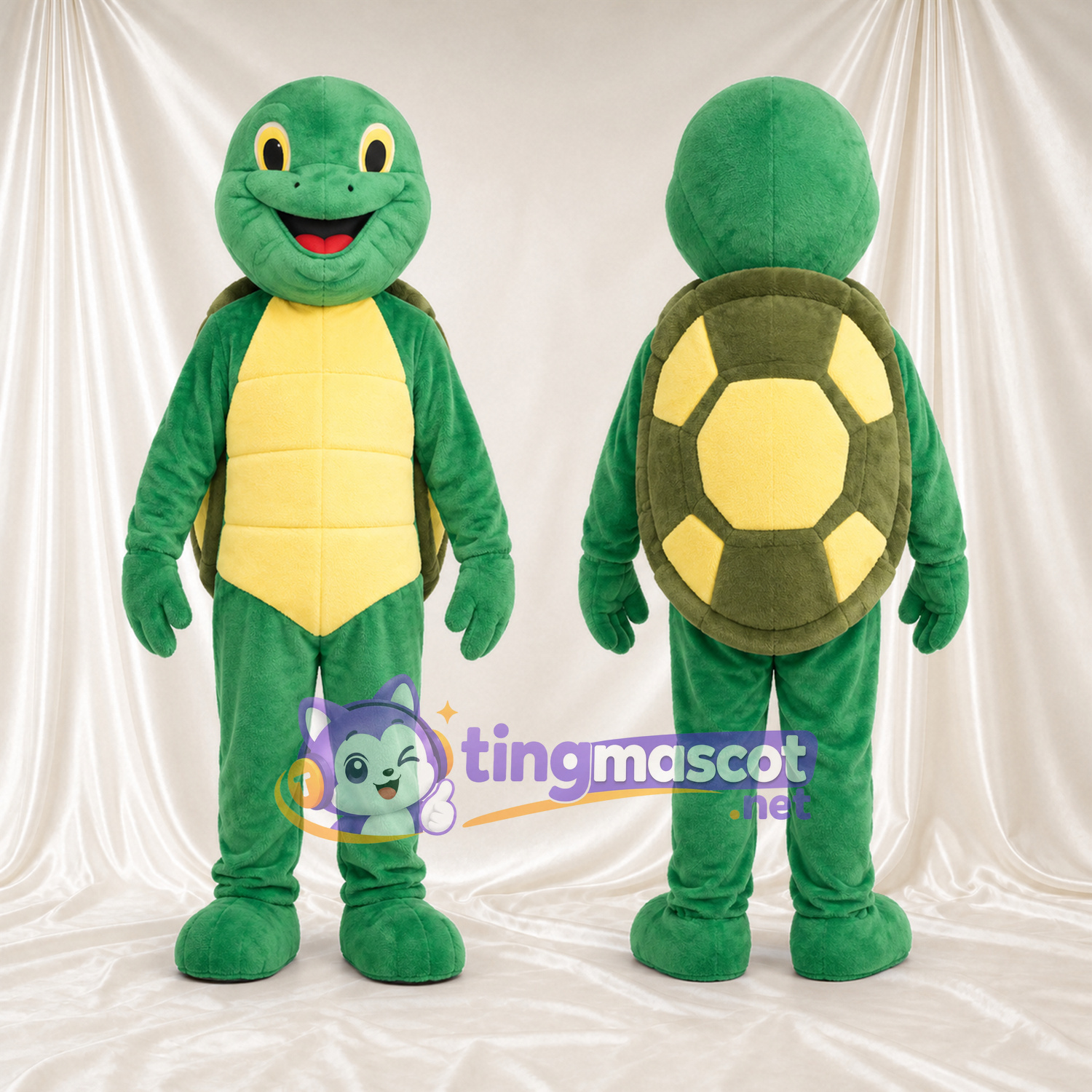 Green Turtle Mascot Costume - Yellow Segmented Belly and Smiling Face Green Turtle Mascot Costume - Yellow Segmented Belly and Smiling Face