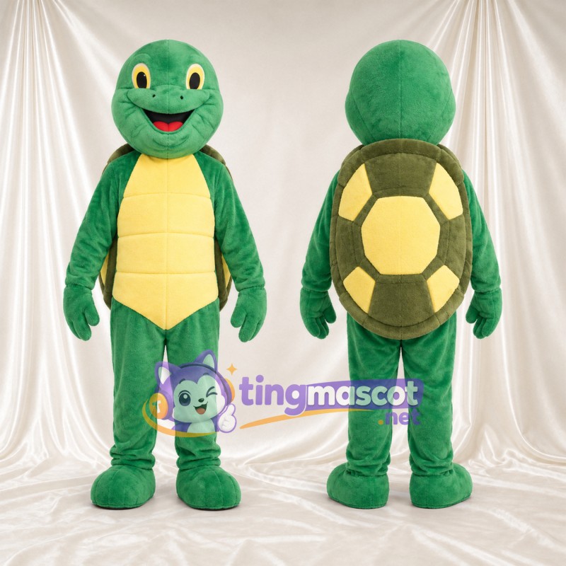 Green Turtle Mascot Costume - Yellow Segmented Belly and Smiling Face