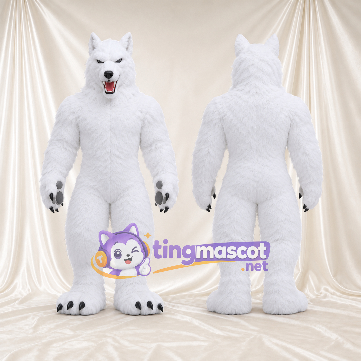 Costume de mascotte Loup – blanc – Corps musclé; Griffes (noir) Costume de mascotte Loup – blanc – Corps musclé; Griffes (noir)
