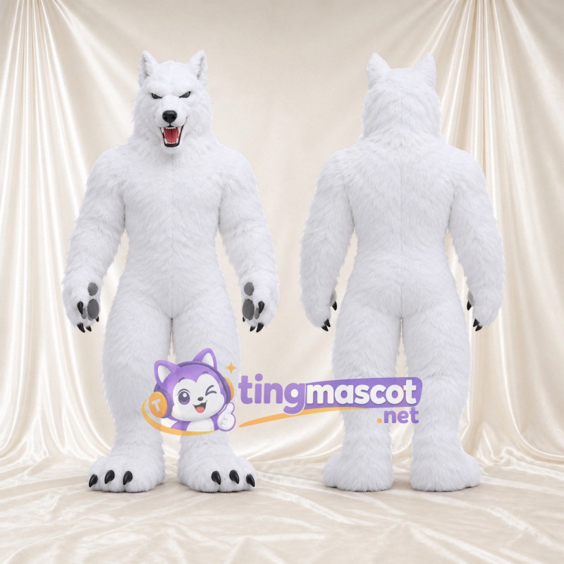 Costume de mascotte Loup – blanc – Corps musclé; Griffes (noir)