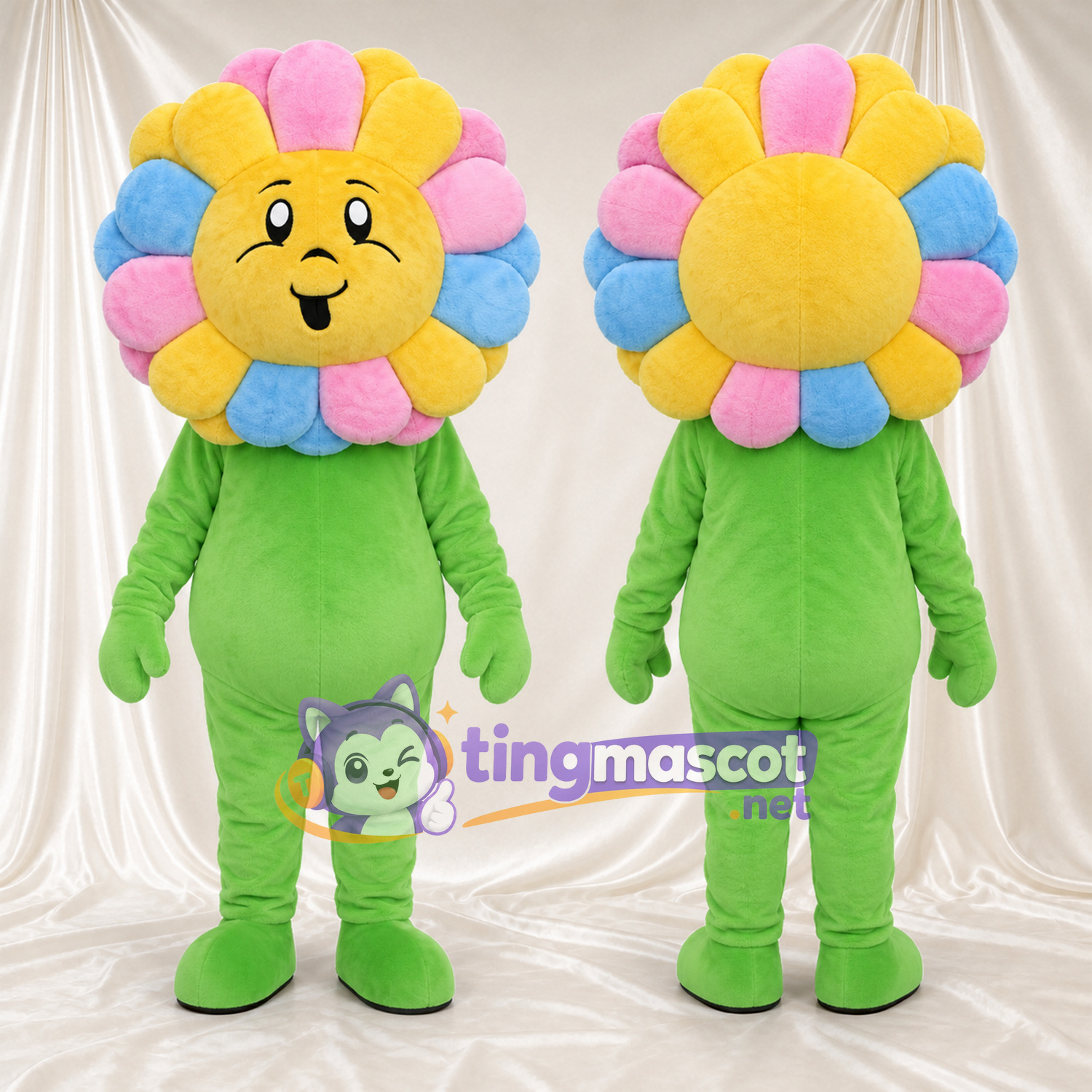 Maskottchenkostüm Blume – Regenbogenfarben – Gesicht (gelb); Körper (grün) Maskottchenkostüm Blume – Regenbogenfarben – Gesicht (gelb); Körper (grün)