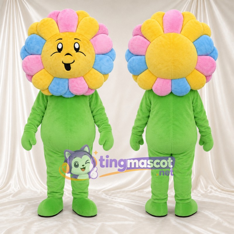Maskottchenkostüm Blume – Regenbogenfarben – Gesicht (gelb); Körper (grün)