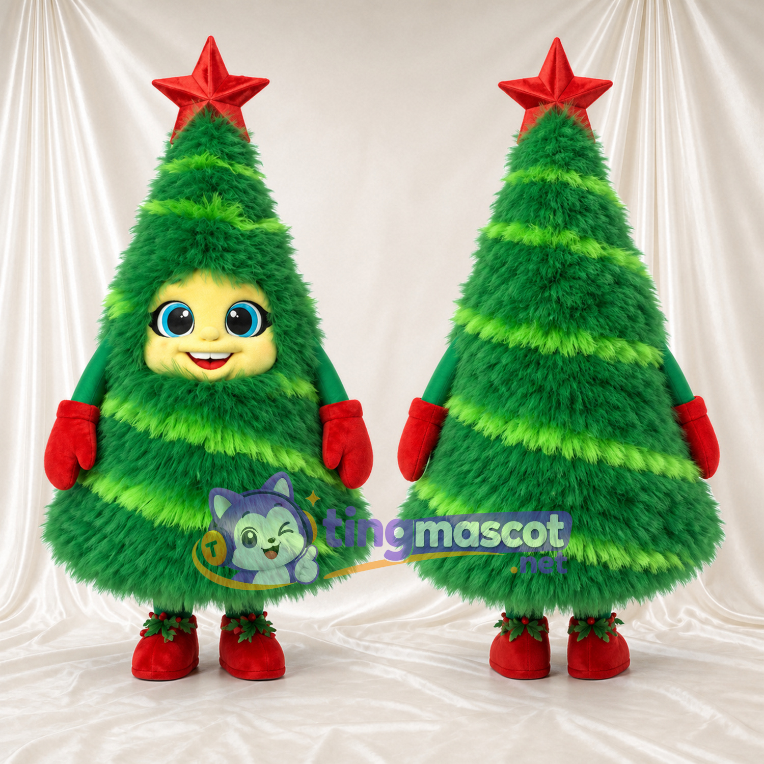 Christmas Tree Mascot Costume - Red Star and Smiling Face Christmas Tree Mascot Costume - Red Star and Smiling Face