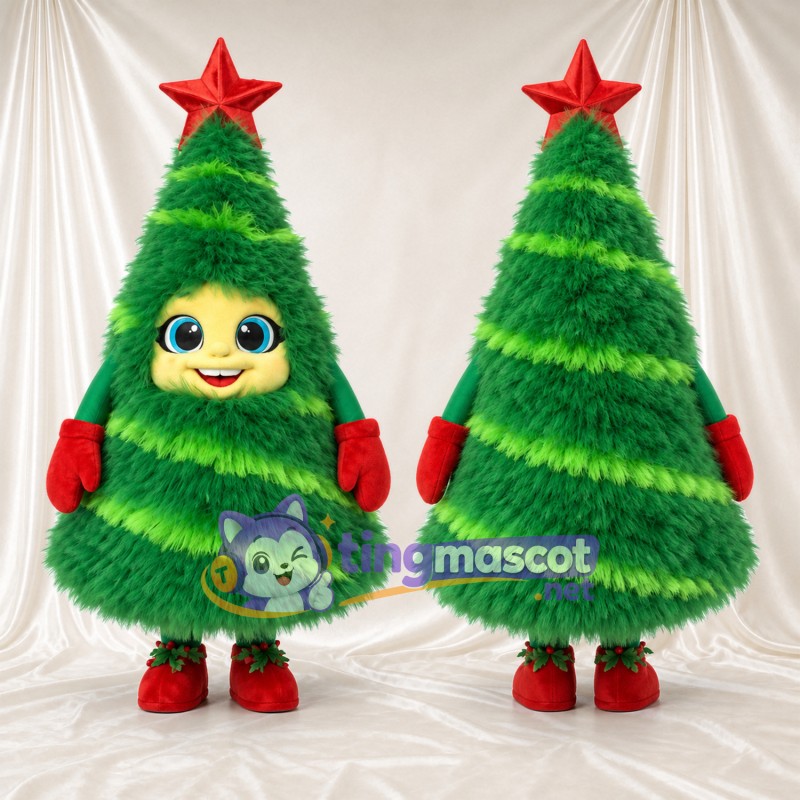 Christmas Tree Mascot Costume - Red Star and Smiling Face