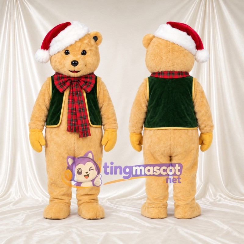 Maskottchenkostüm Bär – hellbraun – Weihnachtsmütze; Schal (kariert)