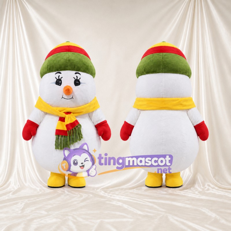 Maskottchenkostüm Schneemann – wie abgebildet – Hut (grün); Schal (bunt)