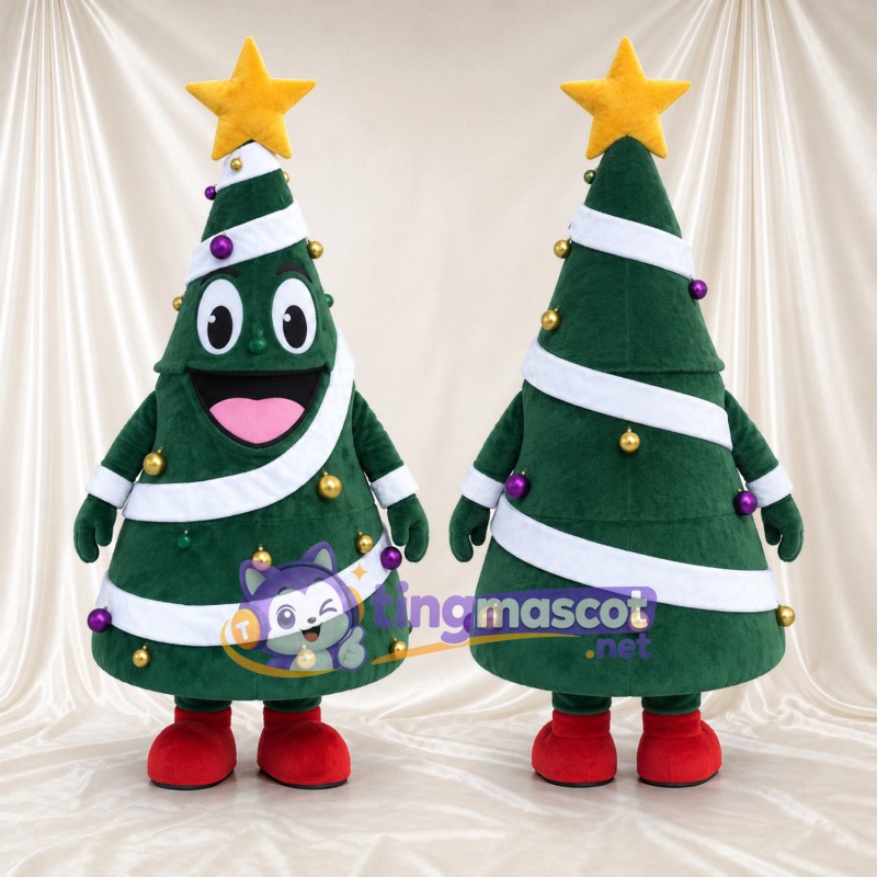 Christmas Tree Mascot Costume - Gold Star and White Garland