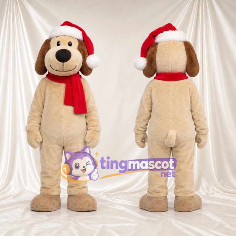 Costume de mascotte Chien – brun clair – Bonnet de Noël; Écharpe (rouge)