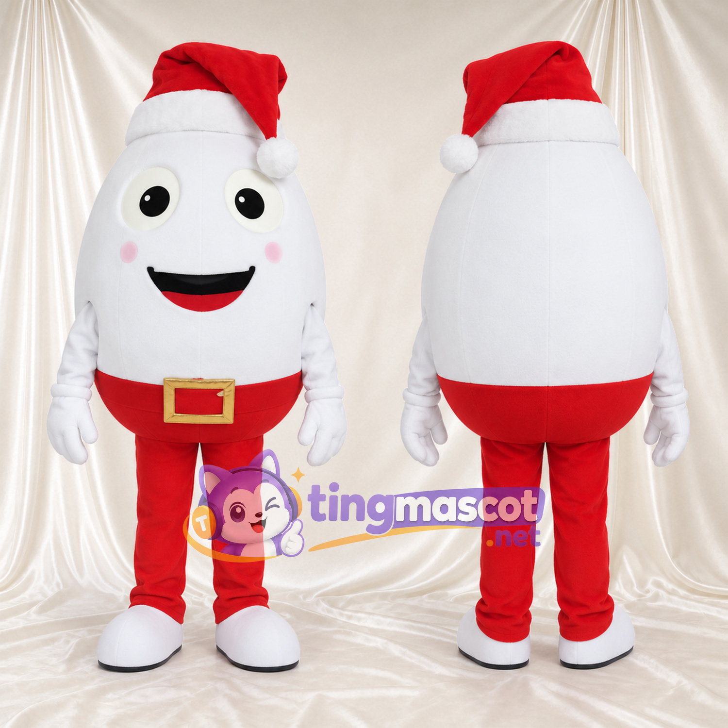 Maskottchenkostüm Ei – weiß – Weihnachtsmütze; Hose (rot) Maskottchenkostüm Ei – weiß – Weihnachtsmütze; Hose (rot)