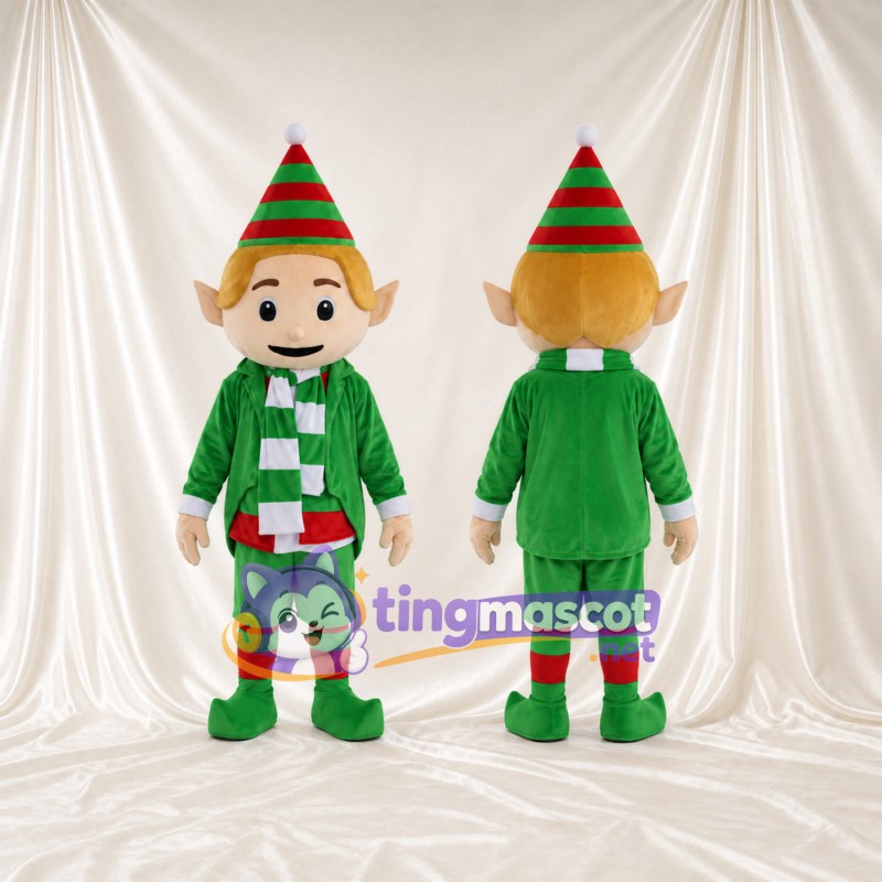 Christmas Elf Mascot Costume - Striped Pointed Hat and Green Suit